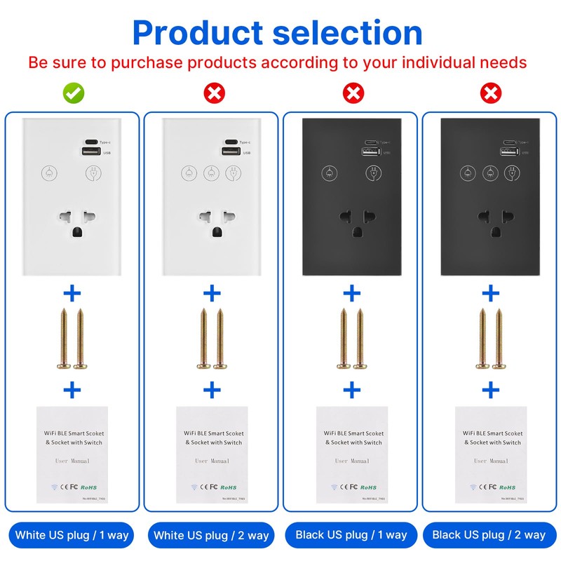 2.4GHz WiFi Wall Touch Light Switch with Type-C USB Power