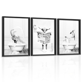 Heiple Set of 3 Framed Bathroom Wall Art Funny Penguin, Cow & Elephant for Funny Bathroom Wall Decor Hanging Farmhouse Home Bathroom Decor Sets Vintage Humor Animals Wall Art Bathroom (8"x10",Black)