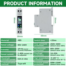 Jadeshay WiFi Smart Circuit Breaker, Smart Energy Monitor 1P+N Digital Display Metering Energy Meter Remote Switch Compatible with Tuya(40A)