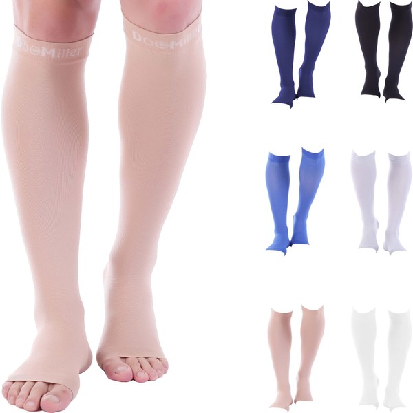 Doc Miller Open Toe Compression Socks Women and Men 30-40mmHg, Knee High Toeless Socks, Recovers Shin Splints, Achilles Tendon and Varicose Veins 1 Pair XX-Large Skin
