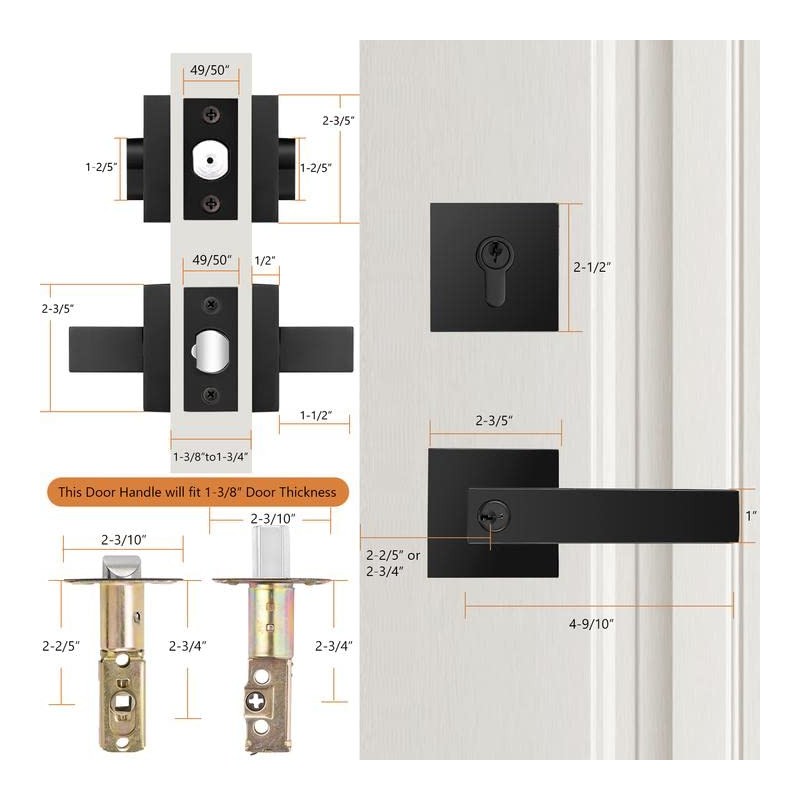 Probrico Flat Black Square Entry Levers Locksets and Double Cylinder