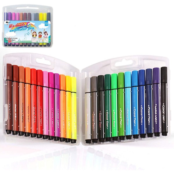 KXF Washable Felt Tip Colouring Pens Set for Children Non-toxic Thick Fibre Tip Pen Chunky Pens with Case Box for Colouring Book Drawing Gift - 24 Assorted Colours - Ages 3 Years Plus