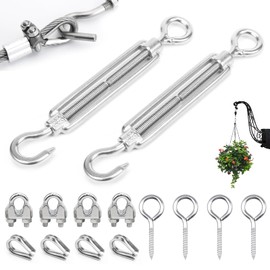 Rope Tensioner Stainless Steel M6, Pack of 2 Wire Tensioners Turnbuckles with Hook Eyelet 4 Pieces Wire Rope Thimbles 4 Pieces Rope Clamps 4 Pieces Eye Screw for Rope Awning Rope System Garden Wire