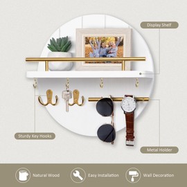 Nekon Key Holder Wall Mount, 11.8 Inch Key Rack with Shelf and 6 Key Hooks, Rustic Key and Mail Organizer, Circular Wooden Key Hanger for Entryway Hallway Kitchen (White&Gold)