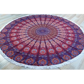 Guru-Shop Round Indian Mandala Scarf, Bedspread, Picnic Blanket, Beach Cloth, Tablecloth - Red/Purple, Cotton, Bedspreads with Mandala