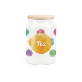 Purely Home Polka Dots Ceramic Tea Storage Canister - Multicoloured Spotty Housewarming Gift - Kitchen Food Storage Container & Wooden Lid 600ml (14.5cm x 9.5cm)