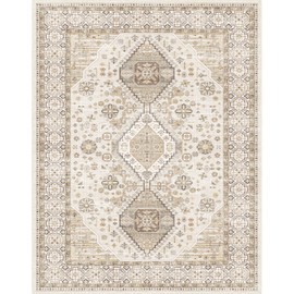Fortsea Washable Vintage Area Rug 7x9 Boho Chic Medallion Distressed Design Non-Shedding Easy Care Ideal for High Traffic Areas in Living Room Bedroom Kitchen Office Large Carpet (Beige/Cream, 7X9)