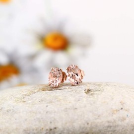 Solid 14k Rose Gold Morganite Fleur-de-lis Stud Earrings (6x4mm Oval)