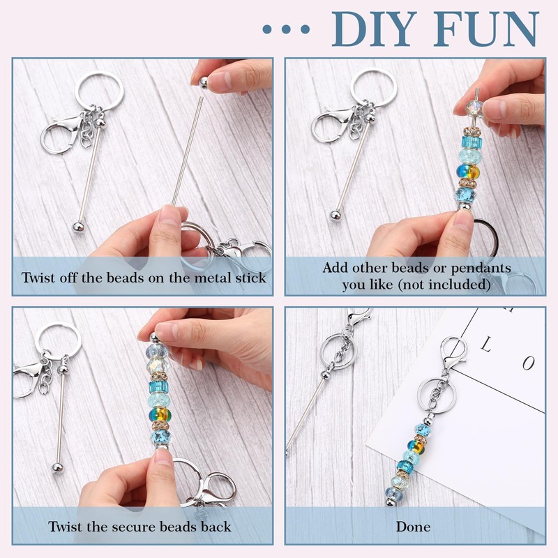 Huwena 6 Pcs Beadable Keychain Bars Blanks Bead Keychain Metal