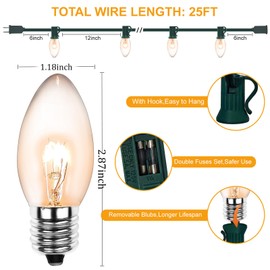 Clear C9 Christmas Lights Outdoor, 25Ft Christmas String Lights with 26 Clear C9 Incandescent Bulbs, Christmas Lights Vintage String Lights for Christmas Cafe Patio Party Decor, Green Wire