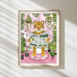 Parmaro Tiger on Toilet Print, Tiger Reading Newspaper Bathroom Print, A4 UNFRAMED Print, Animal on Toilet Print, Pink Botanical Print Tropical Bathroom Decor