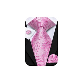 Hi-Tie Pink Paisley Mens 70inches Tie Set Extra Long Necktie for Men Cufflinks Handkerchief Big Tall Men Business Wedding