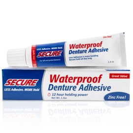 Secure Waterproof Denture Adhesive - Zinc Free - Extra Strong Hold For Upper, Lower or Partials - 1.4 oz