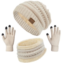 3 Pieces Winter Beanie Hat Scarf Touch Screen Gloves Set Thick Warm Knit Skull Cap Fleece Lined Scarves Gifts for Women,Z-V Beige Hat Set