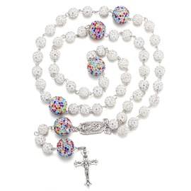 RWQIAN Rosary Beads Catholic Women Men Pink colorful balls Rosary Bling Beads Necklace with Cross Pendant First Holy Communion Baptism Gift for Girls Boys