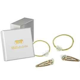 HAARallerliebst Hair Accessories Set (4 Pieces | Hearts with Pearls | Gold Glitter) for Girls with Storage Box (Box Colour: White)