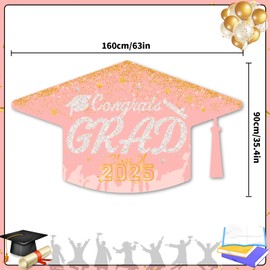 HOMDAILY Graduation Decorations 2025 - Pink and Silver Large Graduation Cap Backdrop and Congrats Grad Banner Class of 2025 Party Decorations