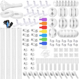 Ditar 193 PCS Cable Management Kit - 4 Cable Sleeve, 57 Self Adhesive Cable Clips, 12 Hanging Strips, 12 Cable Organizer Straps and 100 Fastening Cable Ties for TV Computer Under Desk (White)