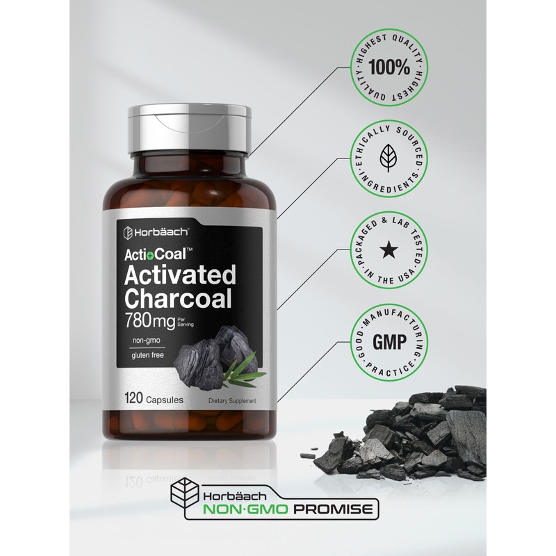 Horbäach Activated Charcoal Capsules 780mg | 120 Count from Coconut