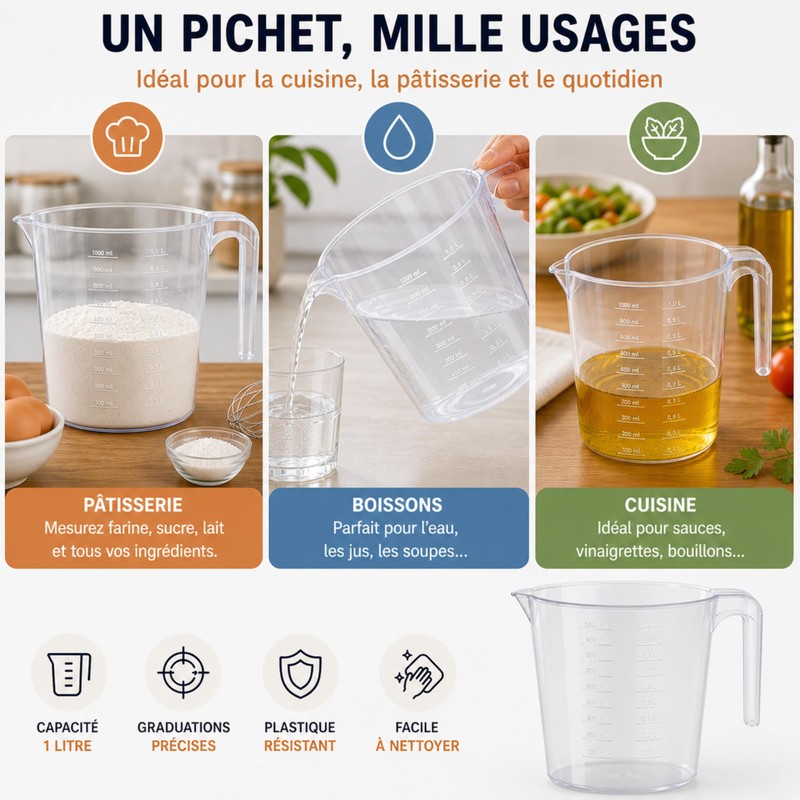 PARENCE Caraffa Graduata 1L Ergonomica – Dosatore Trasparente con Beccuccio