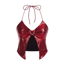 Verdusa Women's Y2K Tops Heart Rhinestone Backless Ruched Cami Asymmetrical Split Crop Halter Top Red S