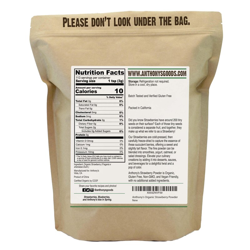 Anthony's Organic Strawberry Powder, 12 oz, Freeze Dried, Gluten Free,