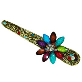 Beautiful hair clip flower, vintage look, metal, rhinestones and acrylic, colourful gold, 5241b
