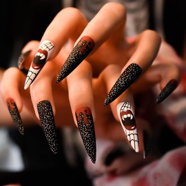Halloween Press On Nails Super Long Stiletto Black Pre-design Nail Art Tips with Dots and Big Red Mouth Lips Salon Women Girls DIY Manicure Reusable Acrylic False Nails Stick On Fake Nails