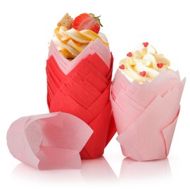 Spesh Pack of 100 Paper Muffin Cases in Tulip Shape, Cupcake Shapes, Tulip Disposable Baking Cups for Weddings, Birthdays, Easter Parties, Family Reunions, Pink + Red