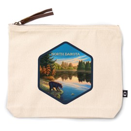 North Dakota, Oil Painting, Bear by Lake at Sunrise, 100% Cotton Zipper Pouch, Travel Accessory, Go Bag