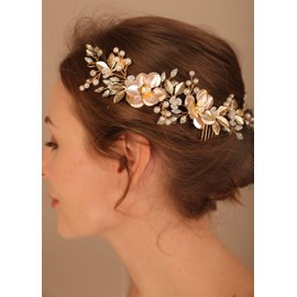 Flower Bride Wedding Hair Vine with Combs Gold Leaf Bridal Headband Rhinestones Hair Accessories for Women and Girls (Gold, One size)