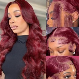 99j Burgundy Lace Front Wigs Human Hair Body Wave 13x4 HD Transparent 99j Red Lace Front Wig Human Hair Wear and Go Glueless Red Wig Human Hair Pre Plucked 20 Inch Wine Red Colored Wig For Black Women