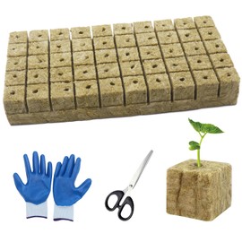 WANYIG Rock Wool Cultivation, Rock Wool Insulation, Rock Wool Cube Cultivation Mat Rock Wool with Scissors & Gloves for Cuttings, Bottomless Growing, Hydroponics Transplanting (2.5 x 2.5 x 4 cm) (Pack