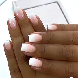 24Pcs Gradient False Nails Short - Square Press on Nails - Stick on nails with Glue - Nude White Fake Nails Glue on