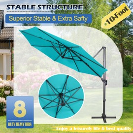 Sunnyglade 10Ft Cantilever Patio Umbrella, 360° Rotation & Integrated Tilting System Offset Umbrella with 8 Sturdy Ribs, Fade-resistant & Waterproof for Garden Backyard Poolside Deck (Blue, 10FT)