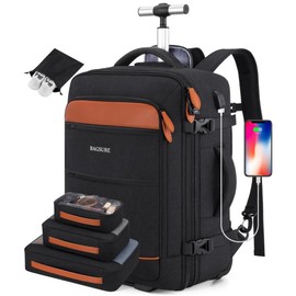 Rolling Backpack for Men and Women, Travel Backpack with Wheels, 17.3 Inch Carry-On Laptop Backpack with 4 Packing Cubes for Business and Work, Large Capacity Rolling Backpack - Color: Black