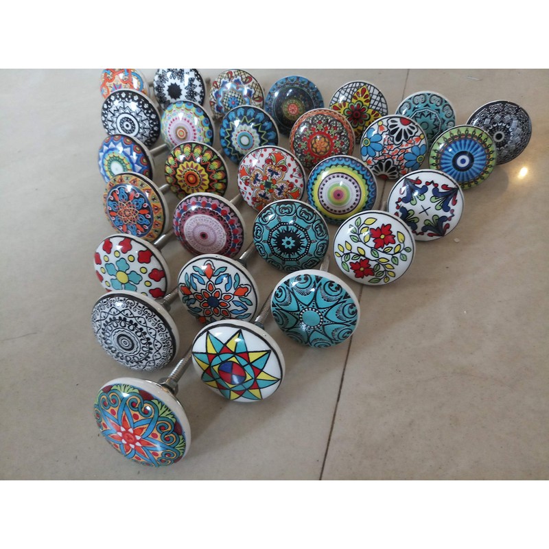Set of 20 Handmade Mandala Colourful Ceramic and Metal Knobs