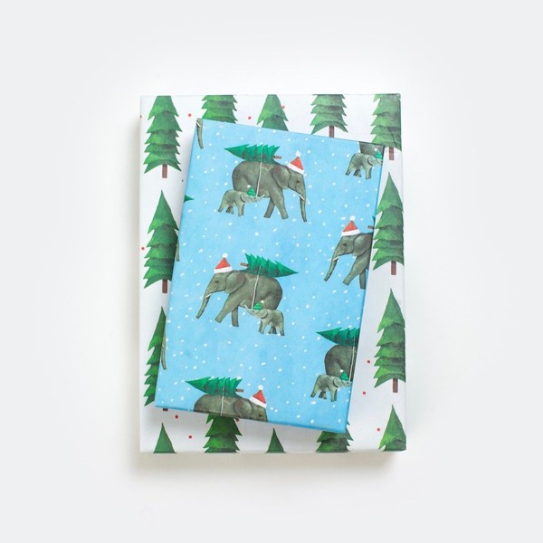 Reversible Holiday Wrapping Paper - Eco Gift Wrap Allport Editions x Wrappily (Christmas Elephants)