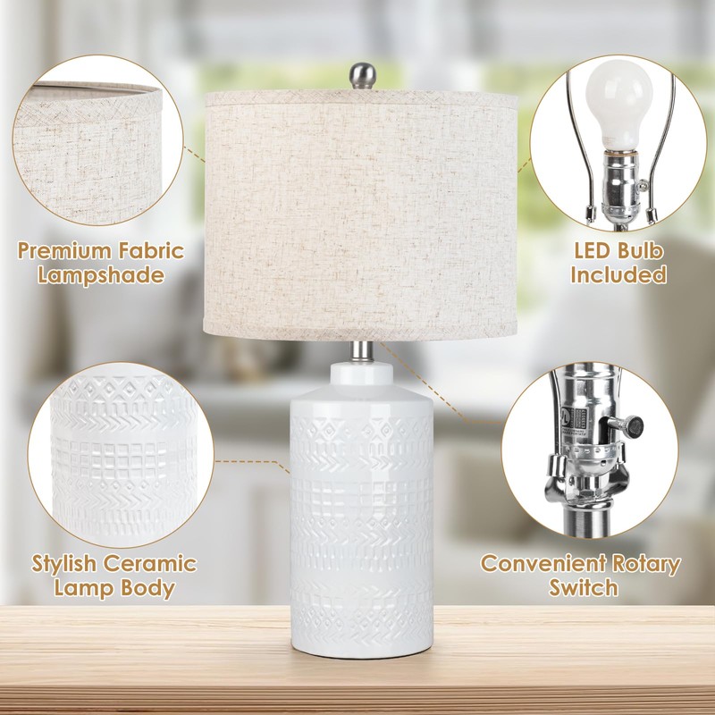JUNNAI White Ceramic Table Lamp with Beige Shade: 3-Way Dimmable