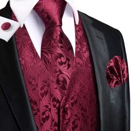 Hi-Tie Silk Jacquard Floral Mens Dark Red Suit Vest and Tie Set Lapel Pin Gold Tie Clip Paisley Floral Casual Waistcoat Tuxedo Wedding Party Business