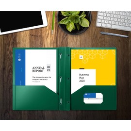 Better Office Products Green Plastic 2 Pocket Folders with Prongs, Heavyweight, Letter Size Poly Folders, 24 Pack, with 3 Metal Prongs Fastener Clips, Green