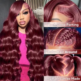 24 Inch Burgundy Wig Human Hair 13x6 Burgundy Lace Front Wigs Human Hair 200 Density HD Lace Front Wigs Human Hair Glueless Wine Red Body Wave Lace Front Wigs Pre Plucked for Women