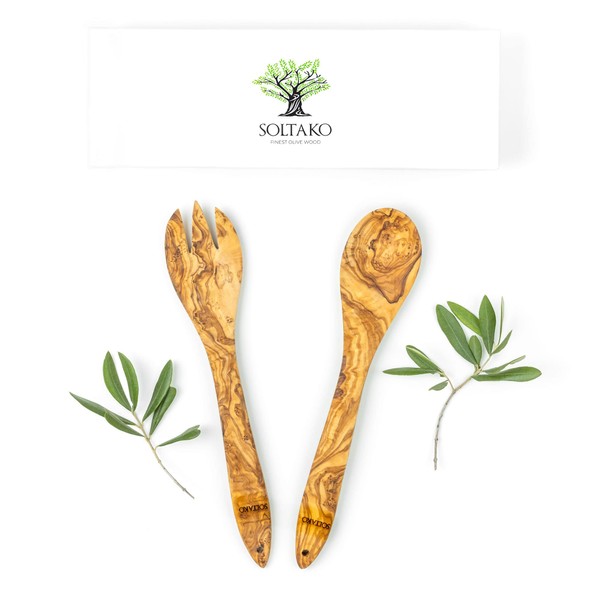 SOLTAKO High-quality salad servers made of exclusive olive wood, salad fork and serving spoon, kitchen utensil olive wood, salad spoon, handmade, approx. 30 cm