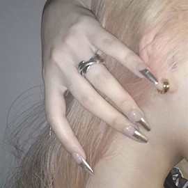 Allereya Oval Press On Nails Long Shiny Silver Artificial Nails Tips Ombre Nude Party Prom Club Clip On Nails Full Cover Acrylic Nails Art for Women and Girls 24 Pieces