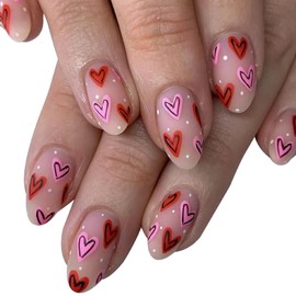 24 Pcs Pink Valentine’s Day Press on Nails Almond Short Fake Nails Colorful Heart False Nails & Accessories Matte Full Cover Artificial Nails Valentines Glue on Nails Reusable Stick on Nails for Women