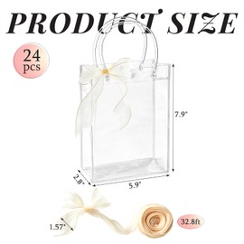 Ohuimrt 24 PCS Plastic Gift Bags with Handles, Reusable Clear Party Favor Bags with Ribbon Transparent Gift Wrap Bags Bulk for Weddings Birthdays, 5.9 x 7.9 x 2.8 Inches