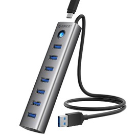 ORICO Aluminum 7-Port USB Hub with 1.64Ft Cable, Multiple USB 3.0 Hub, 5Gbps Data Transfer, 5V 3A Type-C Port, UBS-A Splitter for PC, Laptop, Desktop