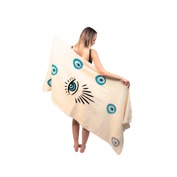 ICONIUM FASHION Evil Eye Printed, Turkish Peshtemal Towel, Cotton Bath