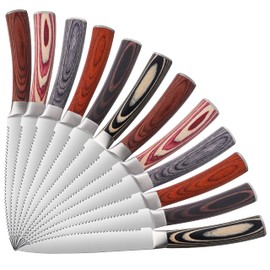 LUVCOSY Pakkawood Steak Knives Set of 12, 12PCS Set of Stainless Steel Serrated Steak Knives with Pakka Wood Handle, Fine Edge Dinner Knife Set with Gift Box for Home Party
