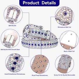 Luxury Strap Men Women Rhinestones Belt Western Bling Bling Crystal Diamond Studded Belts(Flower Buckle), Abblue, Fit Waist 32-34 inches